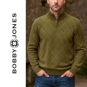 Bobby Jones, Men's Green Argyle 100% Merino Wool 1/4 Zip Sweater Size Large